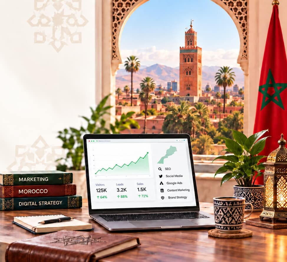 Digital marketing workspace overlooking Marrakech with SEO growth dashboard