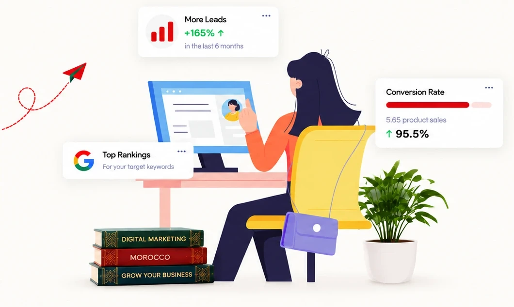 Woman working at a computer with Google rankings, leads and conversion rate cards