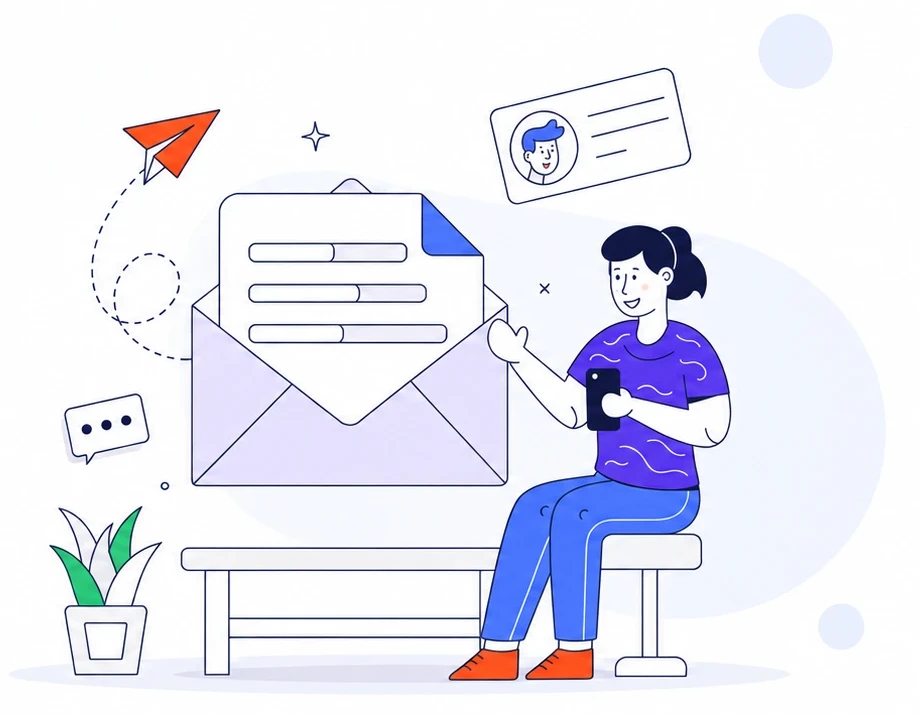 Woman with a phone next to an open envelope, contact card and paper plane
