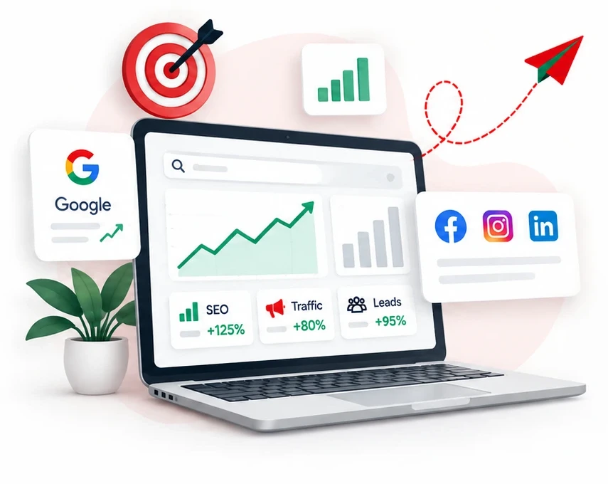 Laptop showing SEO, traffic and leads growth with Google and social media icons